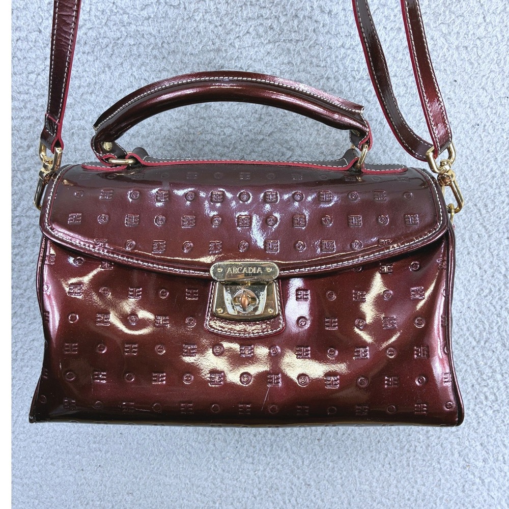 Arcadia Monogram Embossed Satchel Crossbody Bag Womens M Burgundy Patent Italy